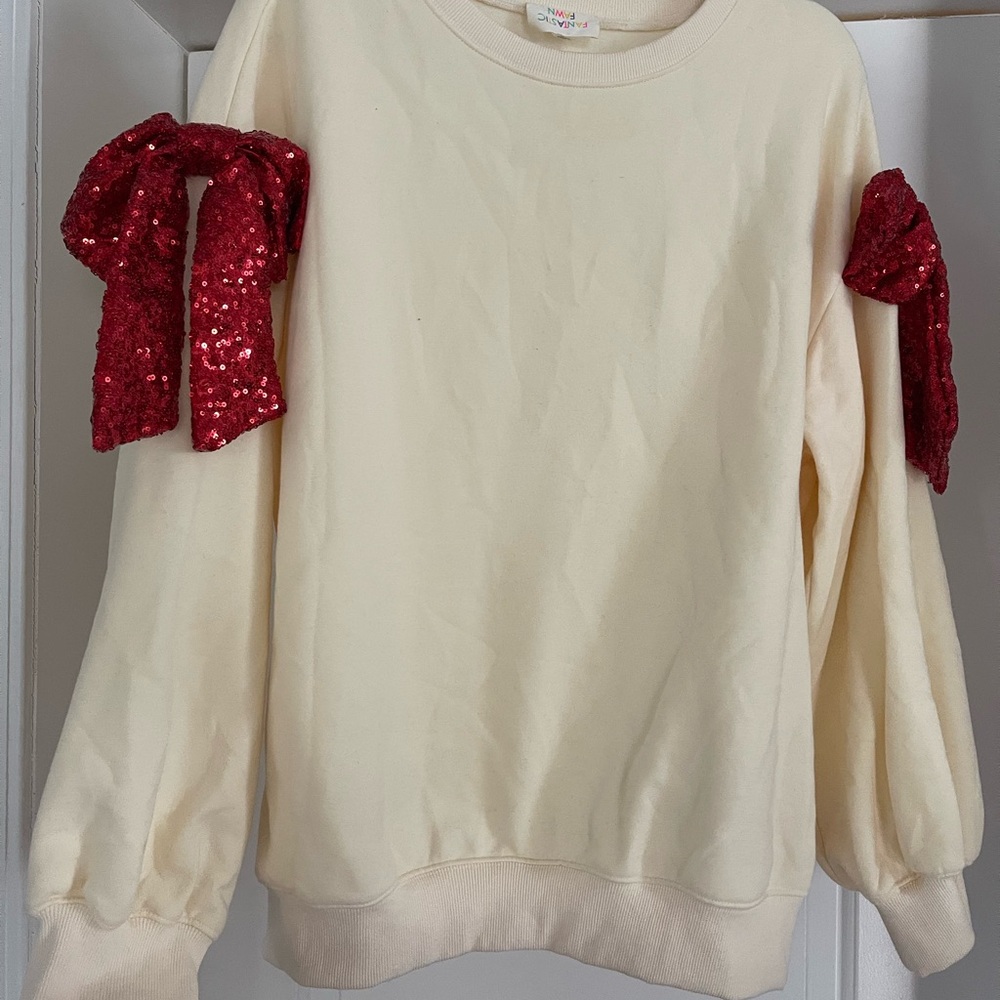 Cream Sweatshirt with Red Sequin Bows